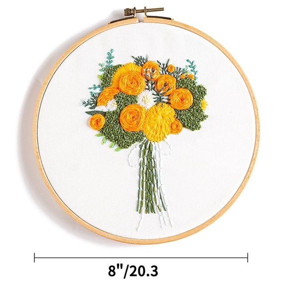 NEW Orange Yellow Flowers Bouquet Embroidery Kit w/Hoop Beginner DIY Crafts - Picture 2 of 5